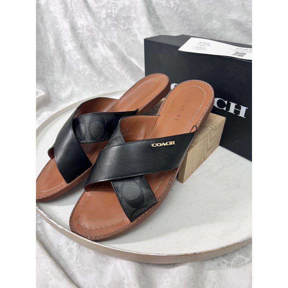 Coach Hilda Leather Sandal Black Signature Monogram C1276 Womens 11 B Flat Slide